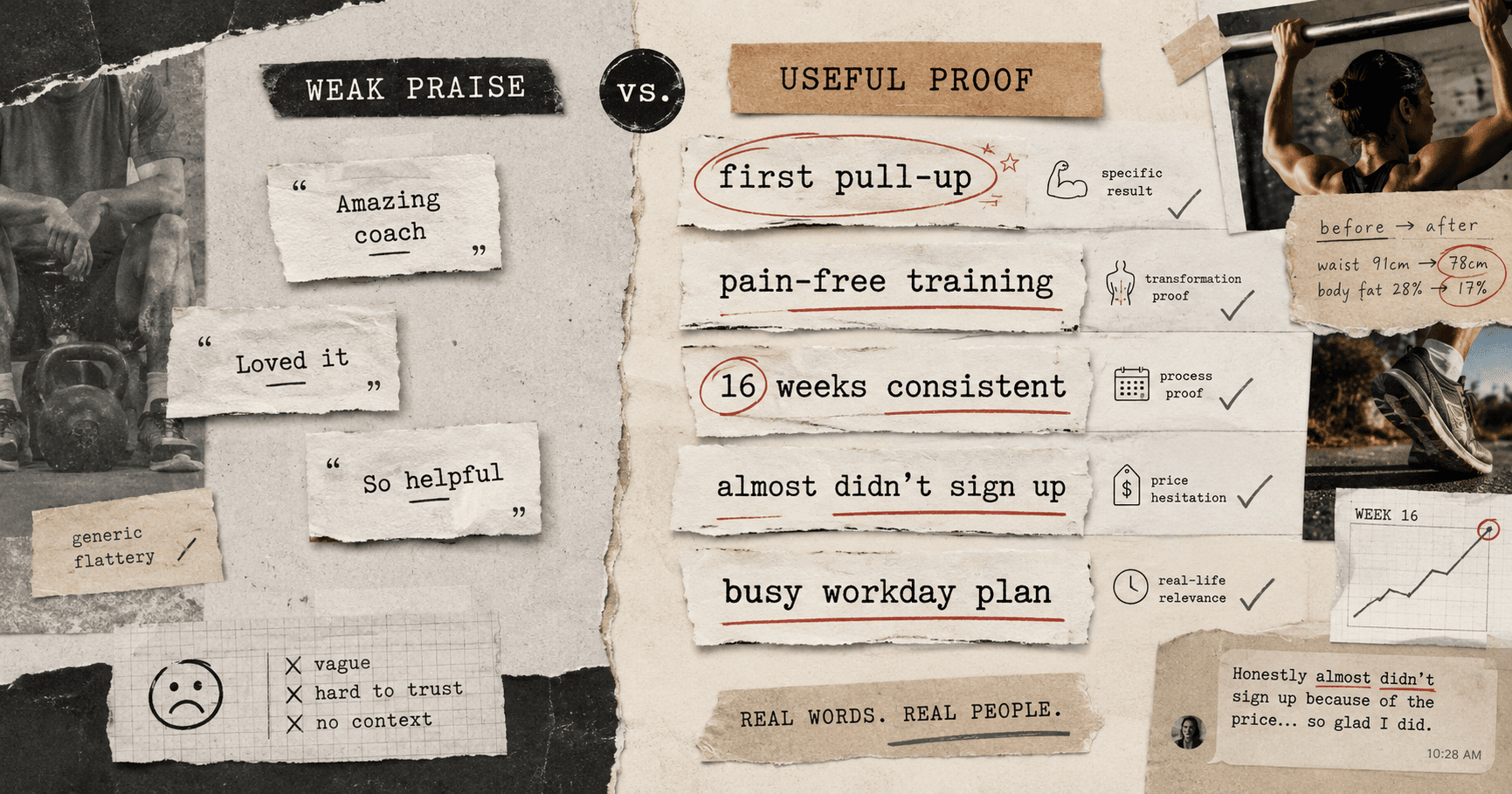 Good fitness testimonials don't praise. They prove.